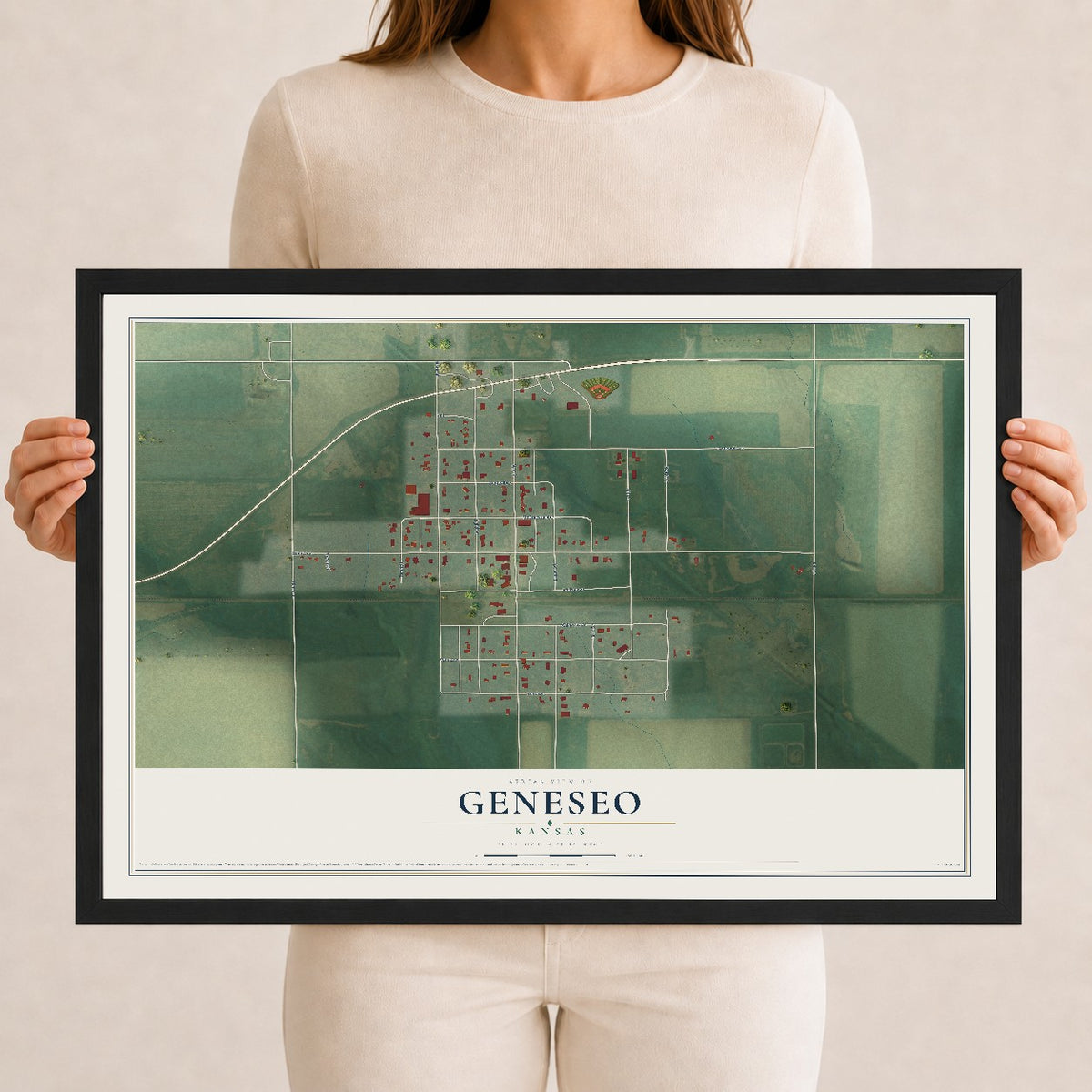 Map of Geneseo, Kansas, 12 x 18 inch print in a black wood frame