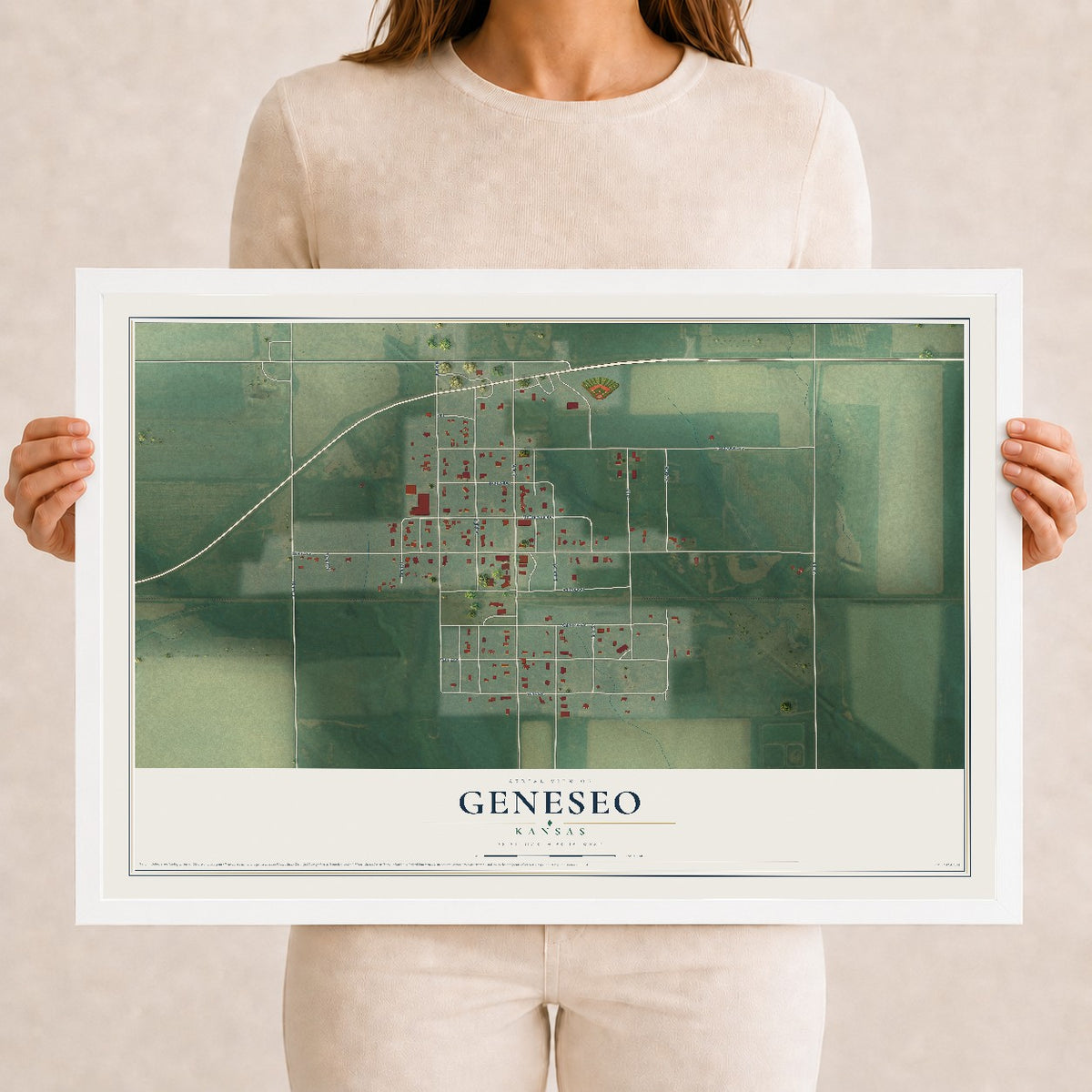 Map of Geneseo, Kansas, 12 x 18 inch print in a white wood frame