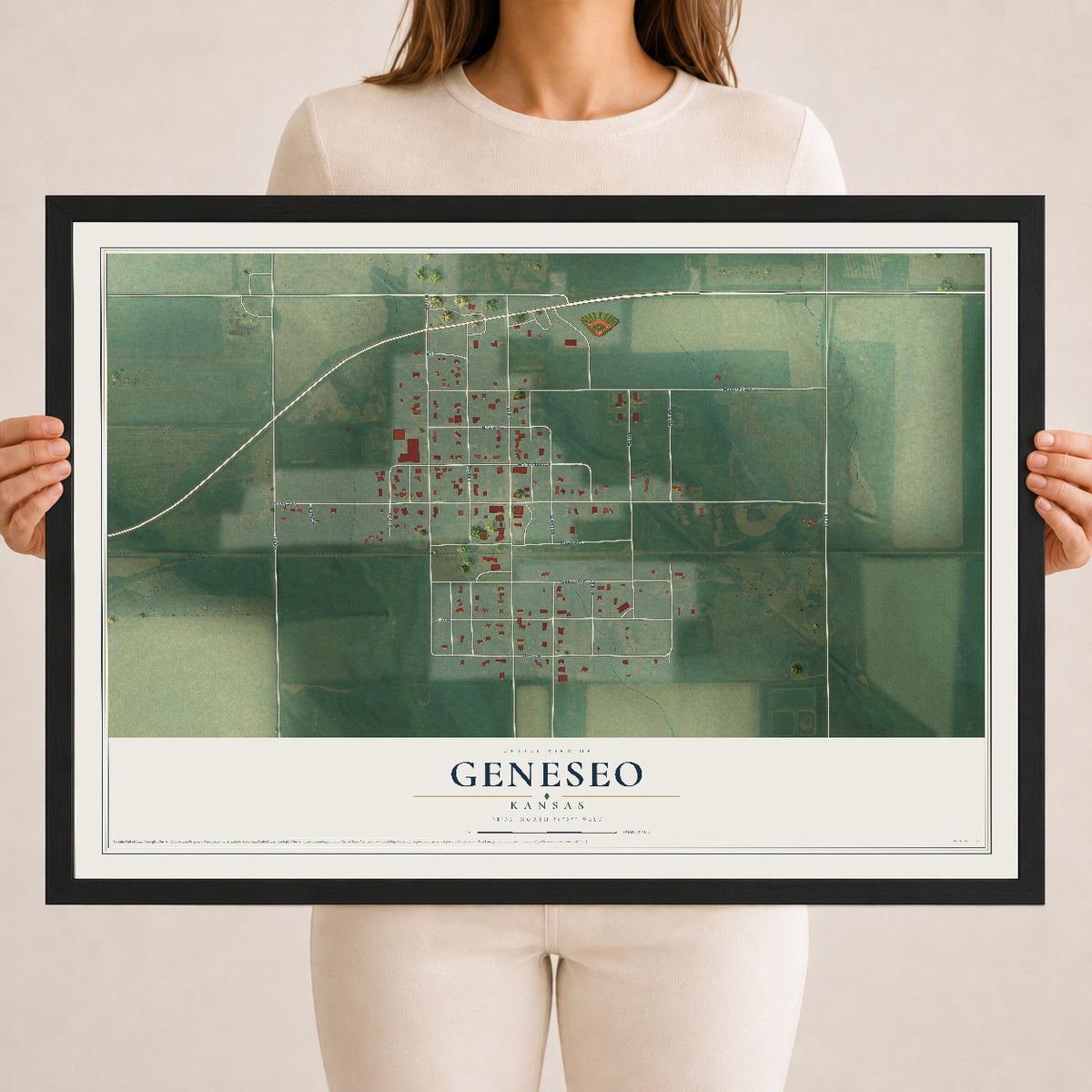 Map of Geneseo, Kansas, 18 x 24 inch print in a black wood frame