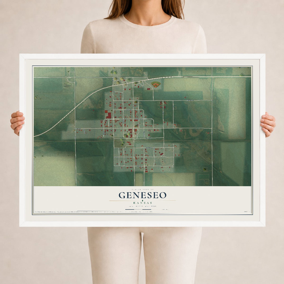 Map of Geneseo, Kansas, 24 x 36 inch print in a white wood frame