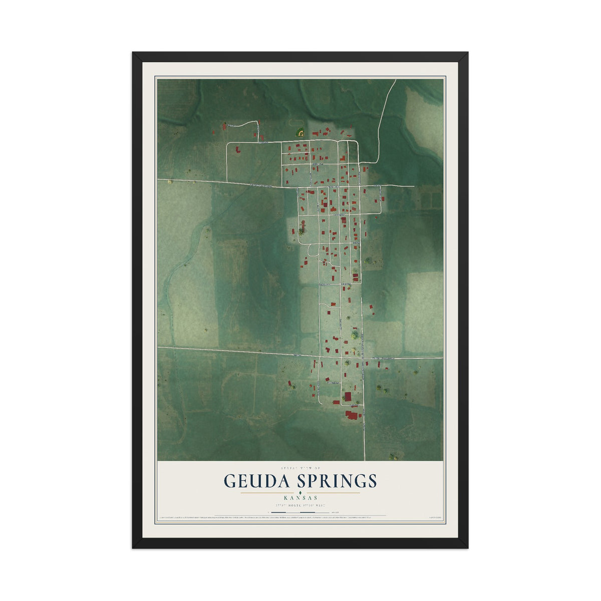 Map of Geuda Springs, Kansas, 12 x 18 inch print in a black wood frame