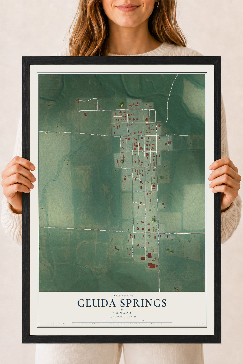 Map of Geuda Springs, Kansas, 18 x 24 inch print in a black wood frame
