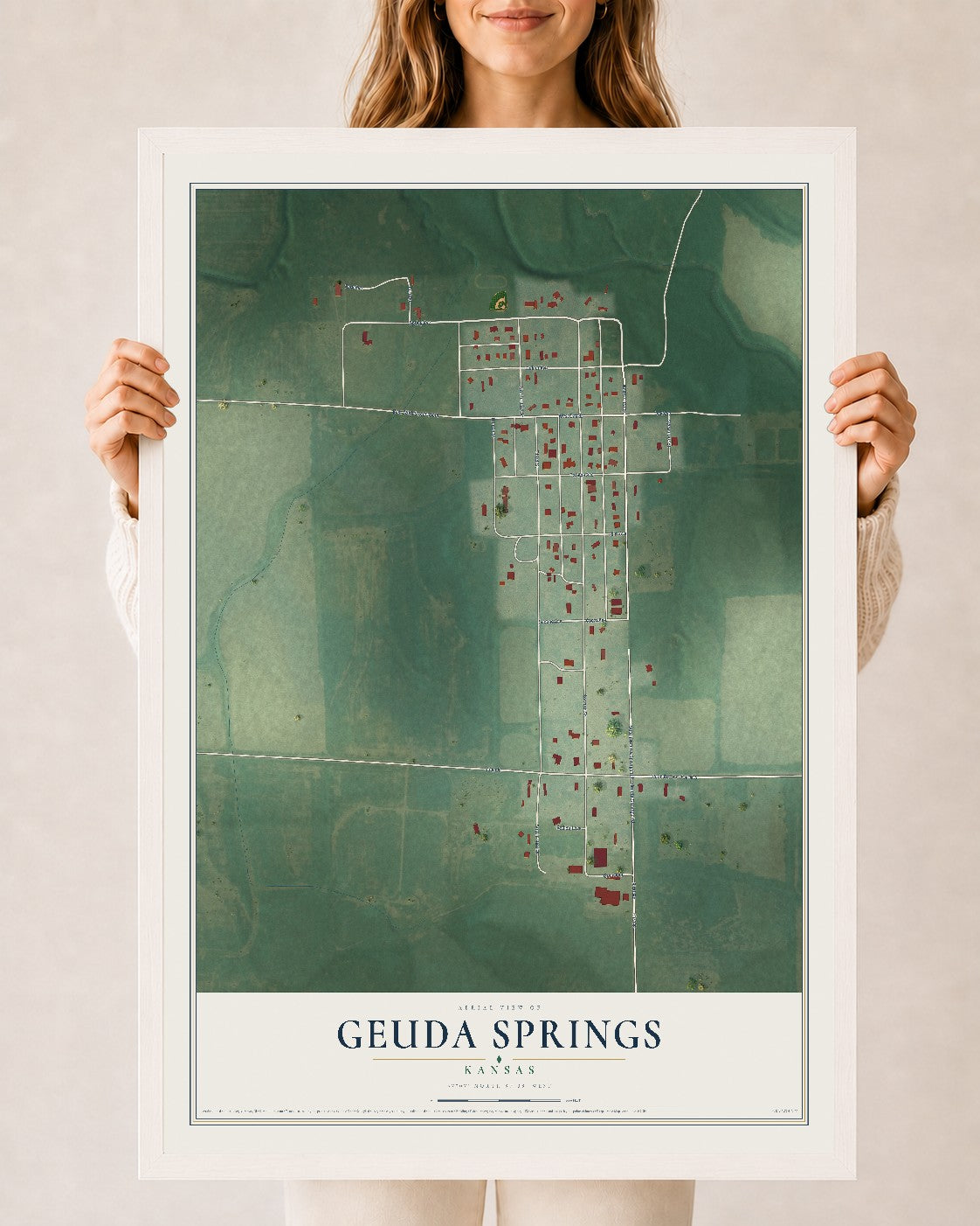 Map of Geuda Springs, Kansas, 24 x 36 inch print in a white wood frame
