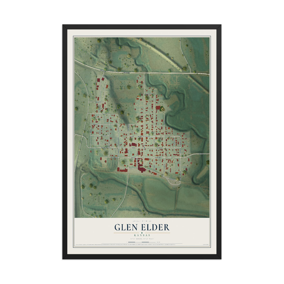 Map of Glen Elder, Kansas, 12 x 18 inch print in a black wood frame