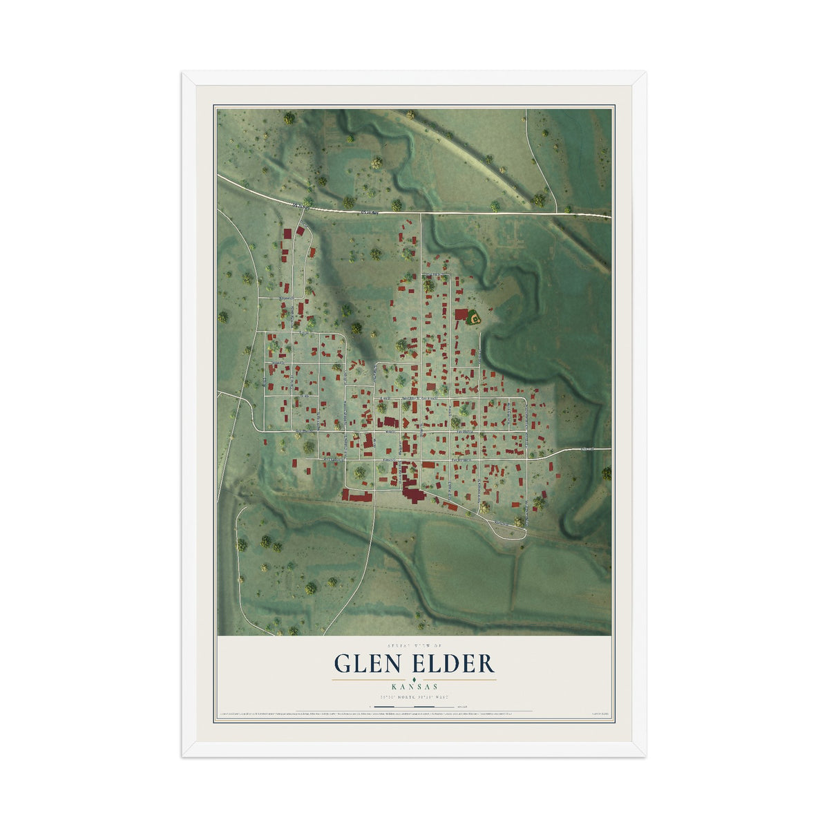 Map of Glen Elder, Kansas, 12 x 18 inch print in a white wood frame