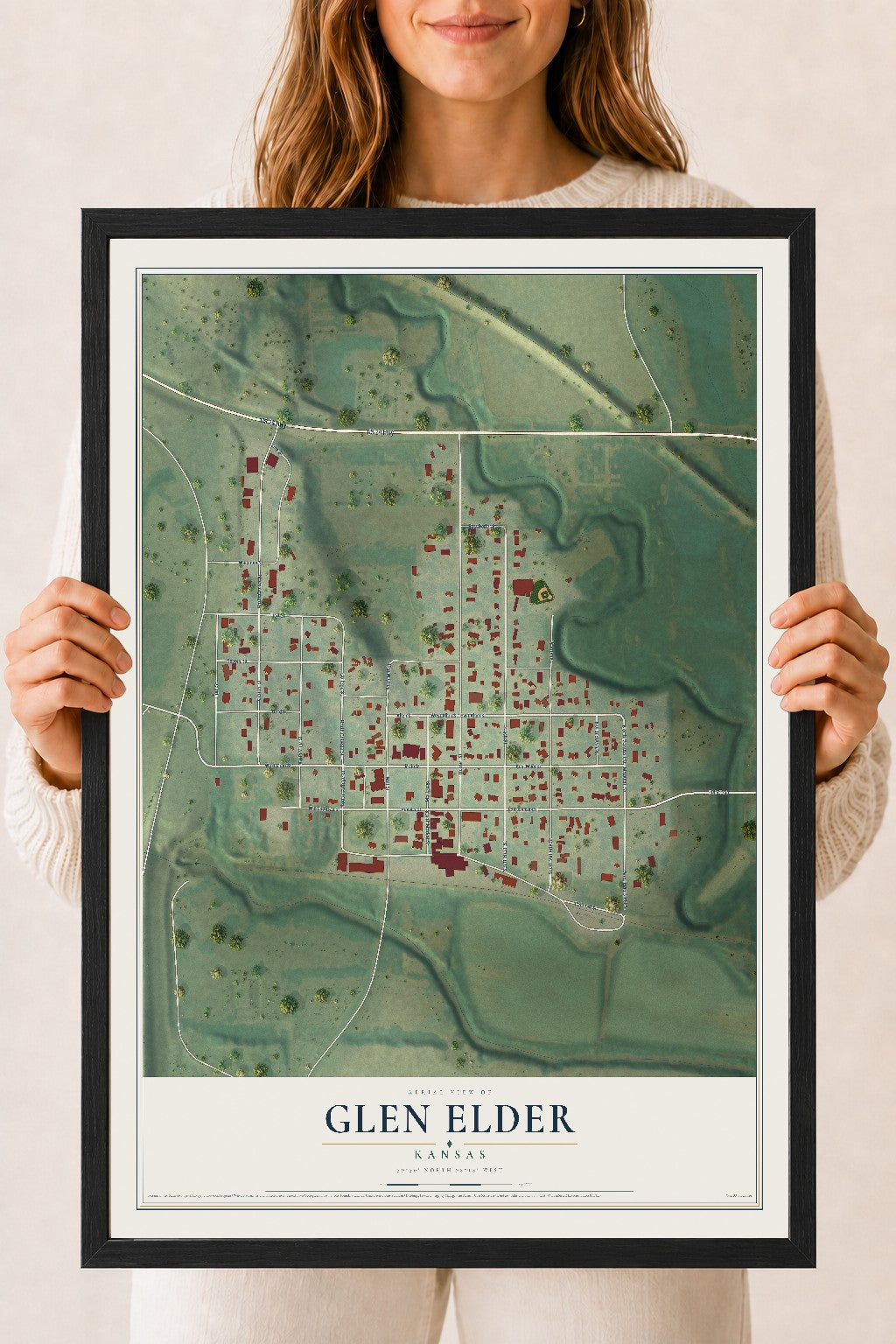 Map of Glen Elder, Kansas, 18 x 24 inch print in a black wood frame