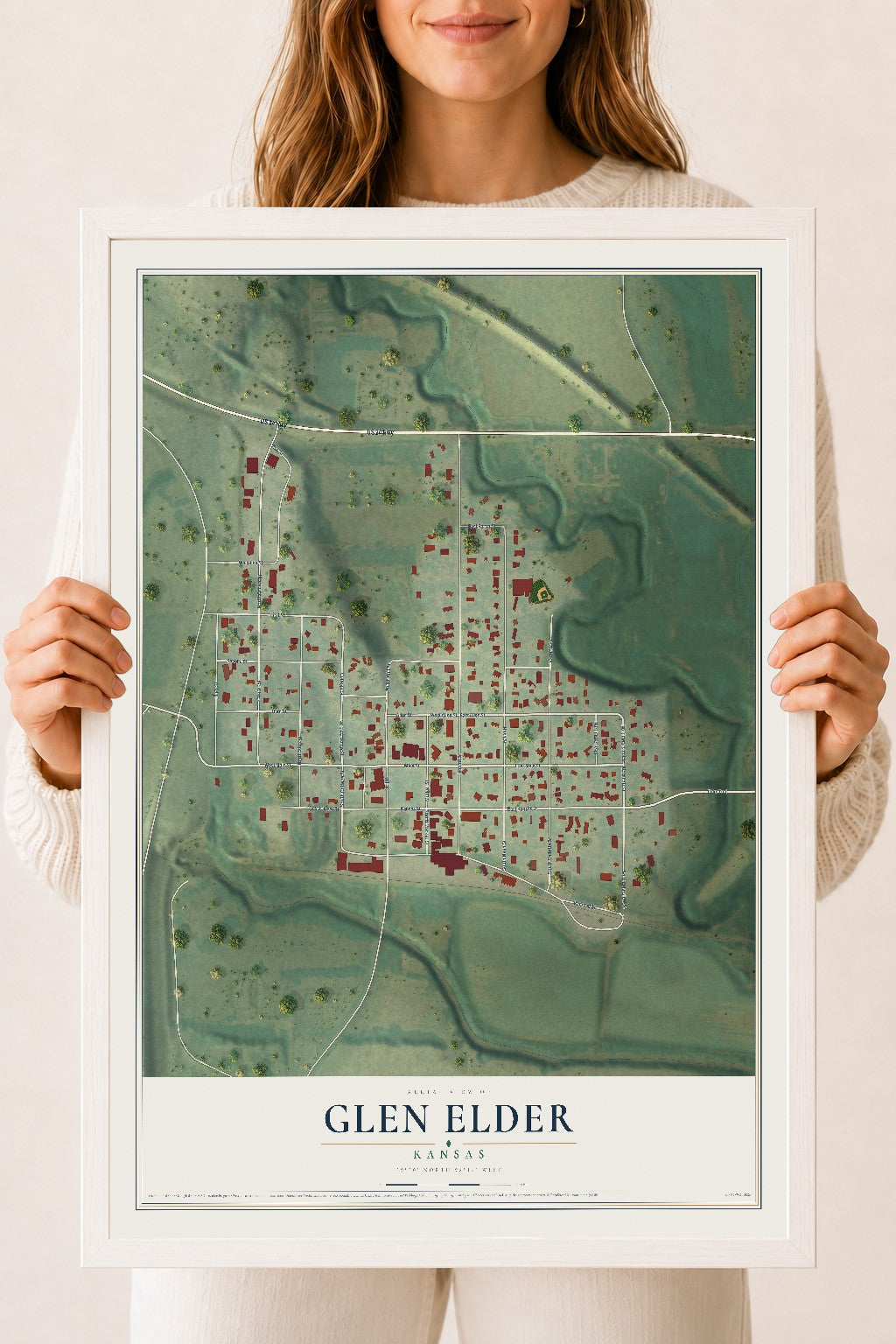Map of Glen Elder, Kansas, 18 x 24 inch print in a white wood frame