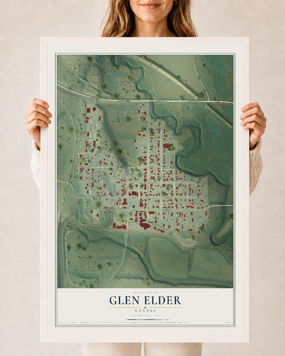 Map of Glen Elder, Kansas, 24 x 36 inch print in a white wood frame
