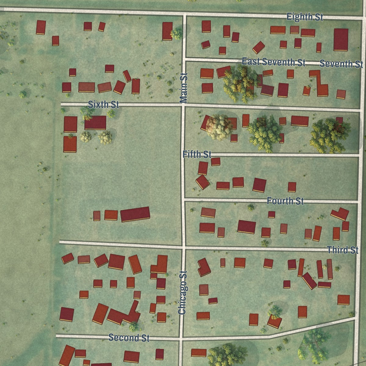 Second close-up of the map of Gorham, Kansas print showing more streets and buildings