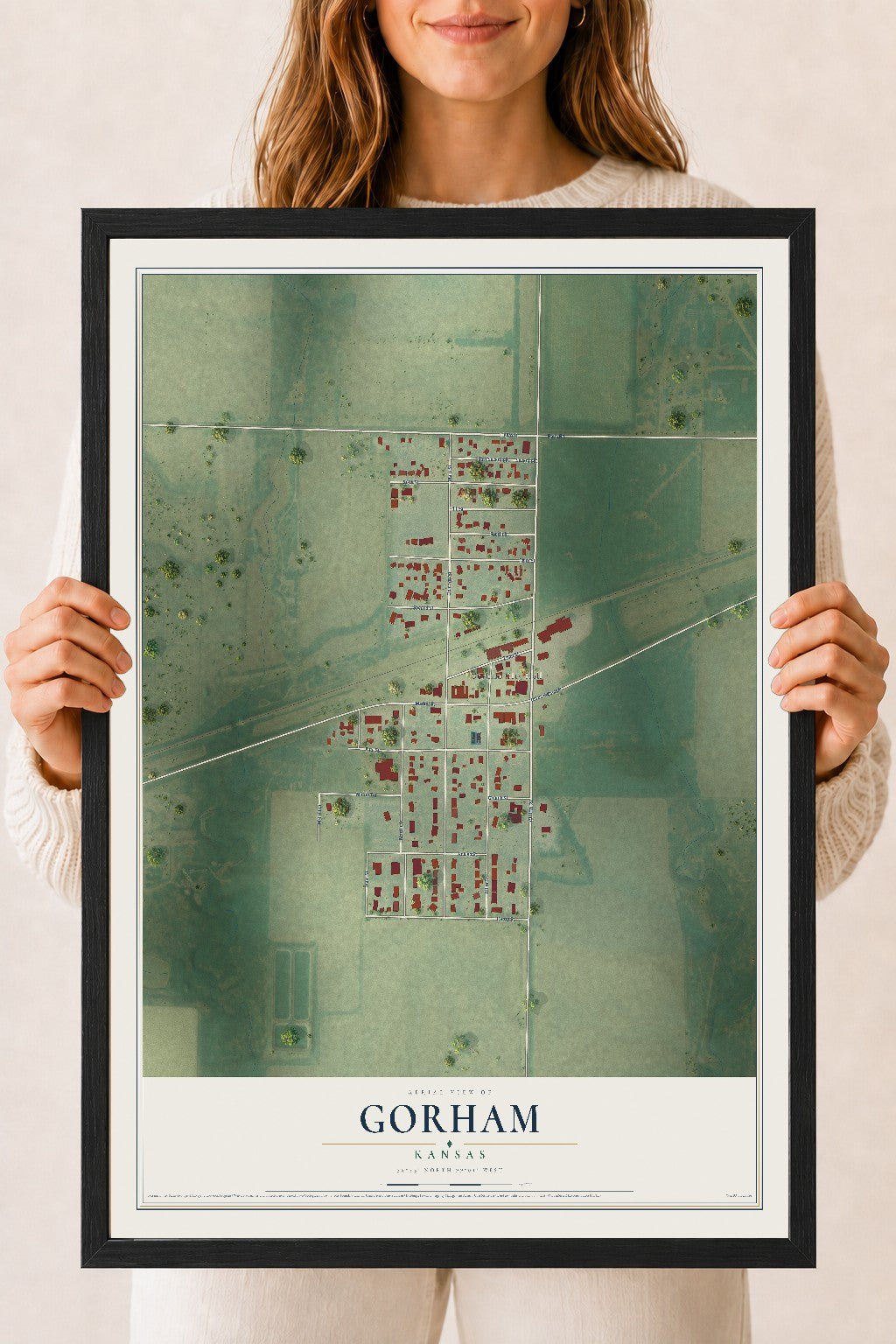 Map of Gorham, Kansas, 18 x 24 inch print in a black wood frame