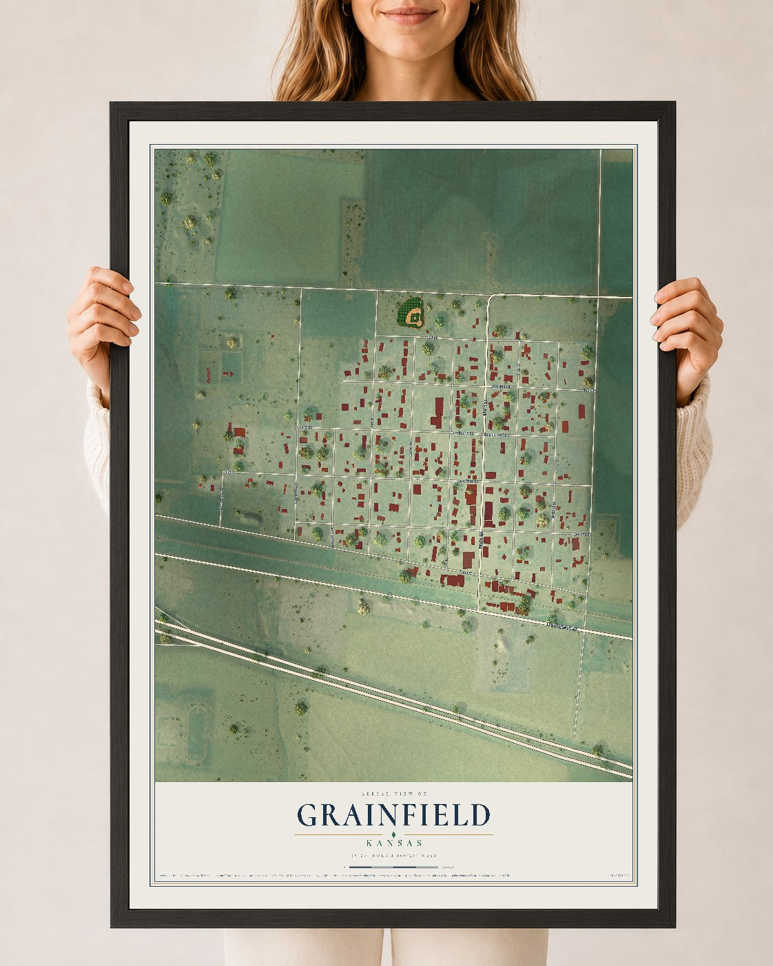 Map of Grainfield, Kansas, 24 x 36 inch print in a black wood frame