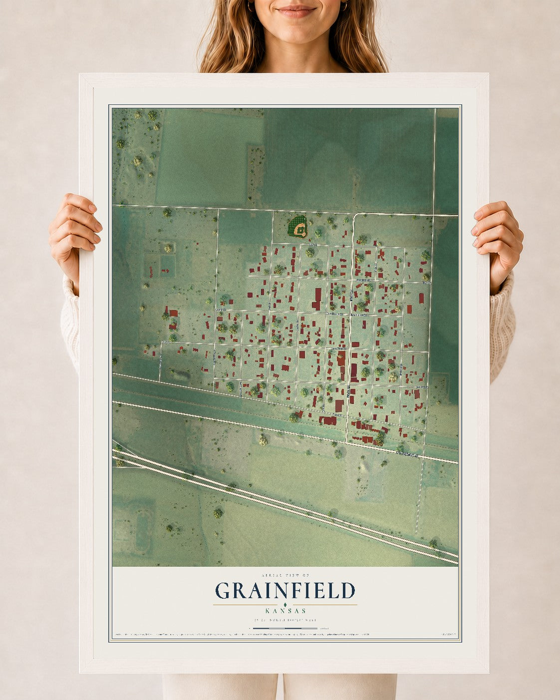 Map of Grainfield, Kansas, 24 x 36 inch print in a white wood frame