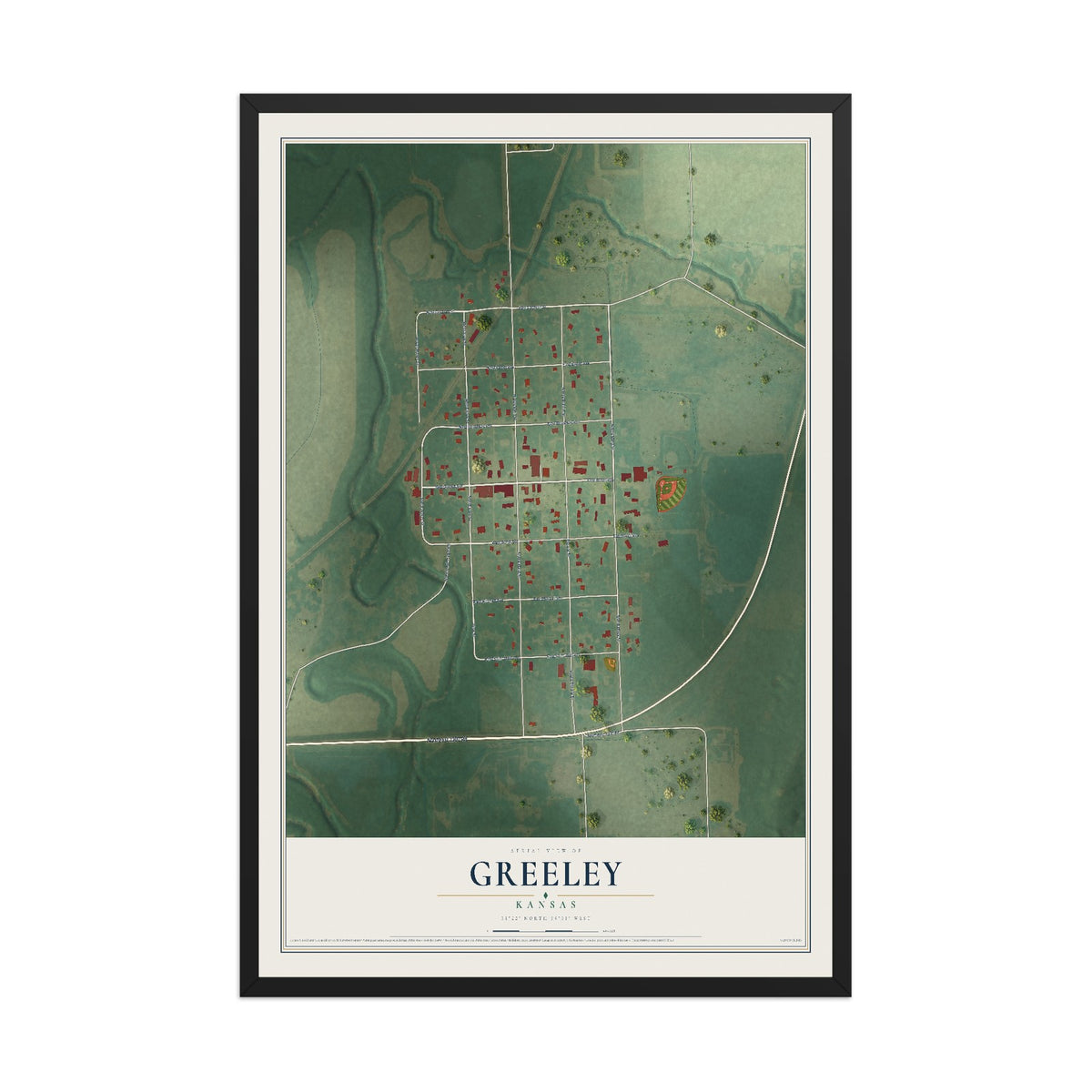 Map of Greeley, Kansas, 12 x 18 inch print in a black wood frame