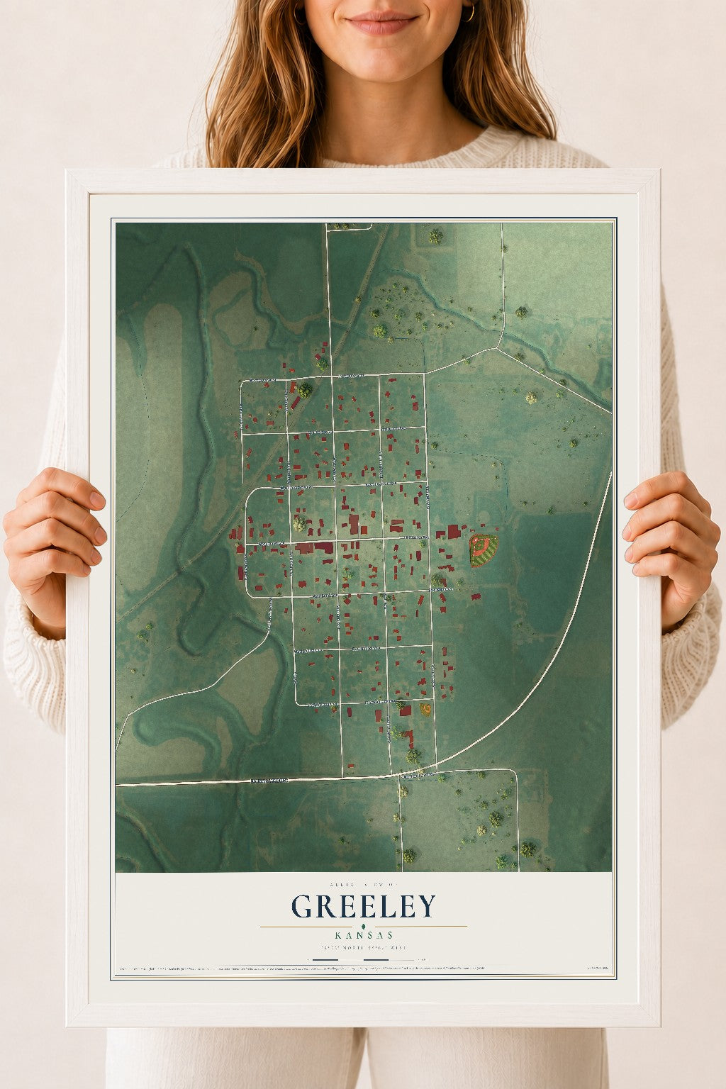 Map of Greeley, Kansas, 18 x 24 inch print in a white wood frame