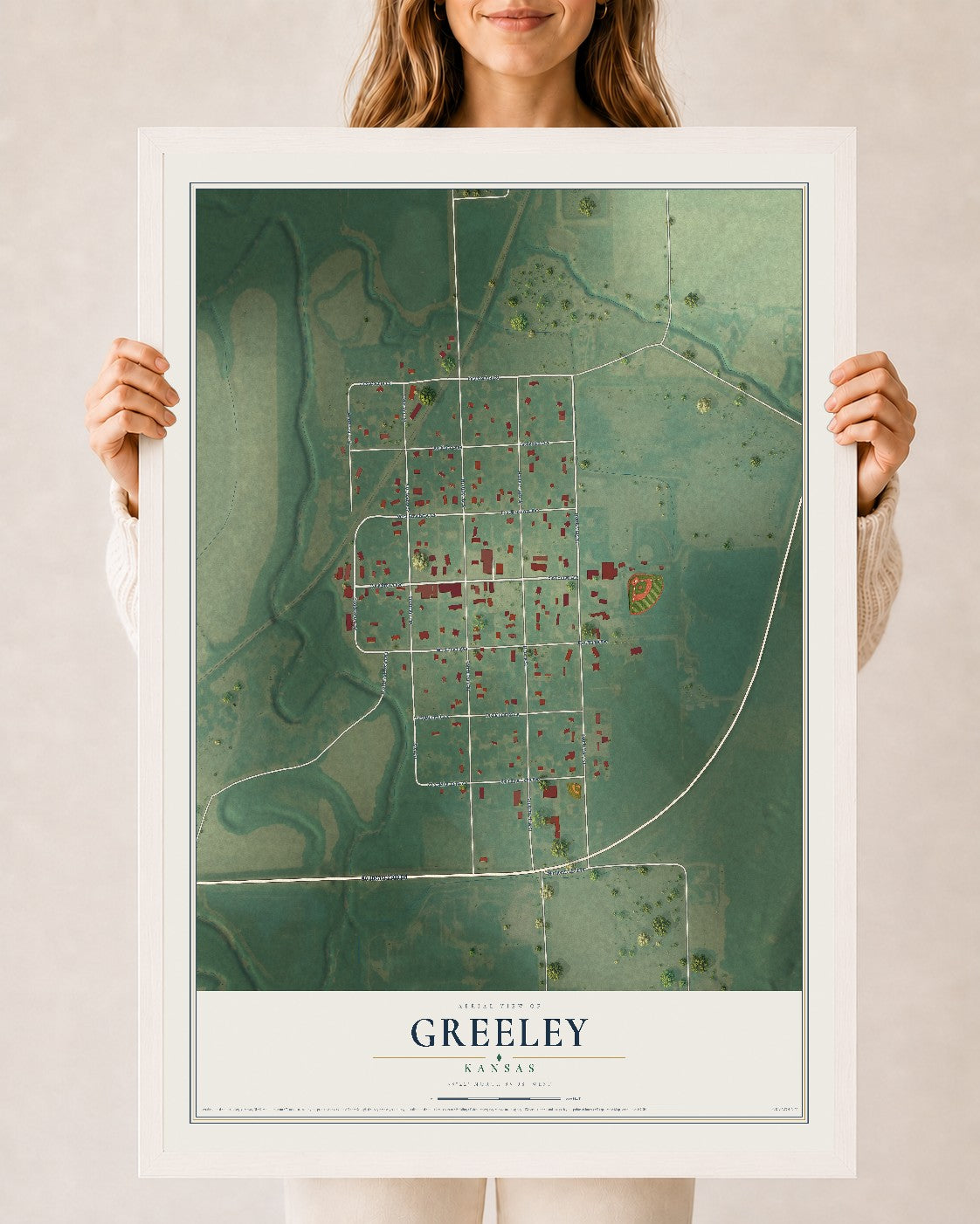 Map of Greeley, Kansas, 24 x 36 inch print in a white wood frame