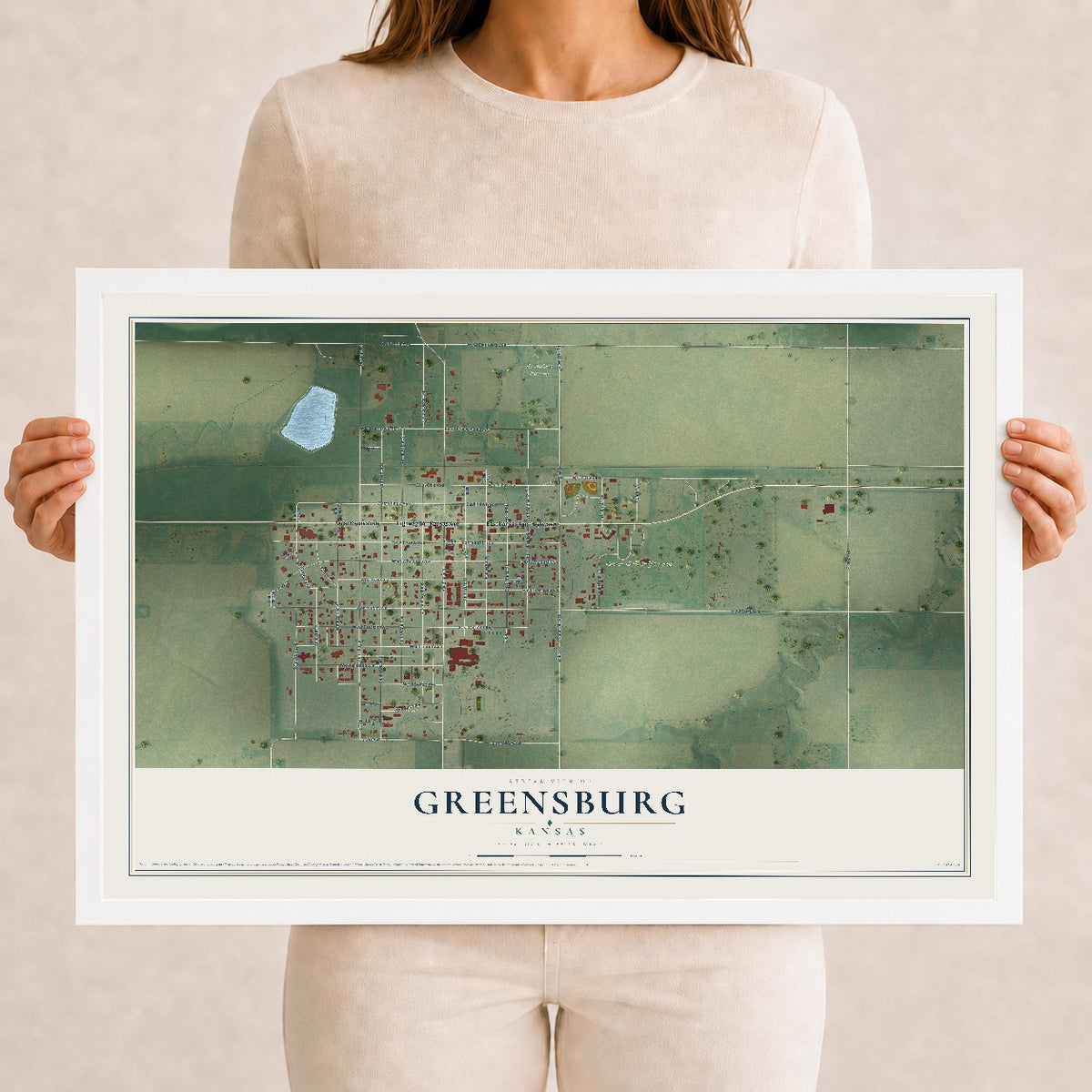 Map of Greensburg, Kansas, 12 x 18 inch print in a white wood frame