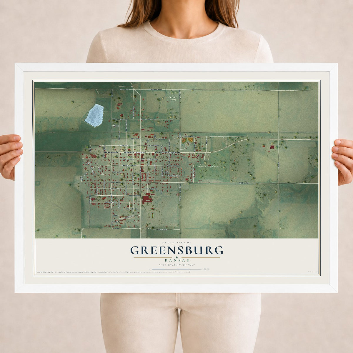 Map of Greensburg, Kansas, 18 x 24 inch print in a white wood frame