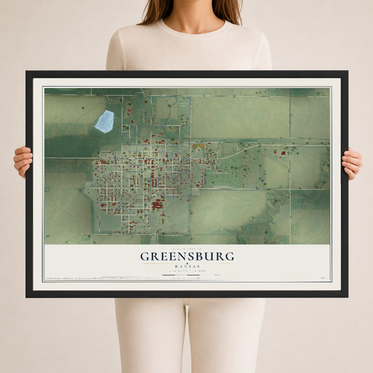Map of Greensburg, Kansas, 24 x 36 inch print in a black wood frame
