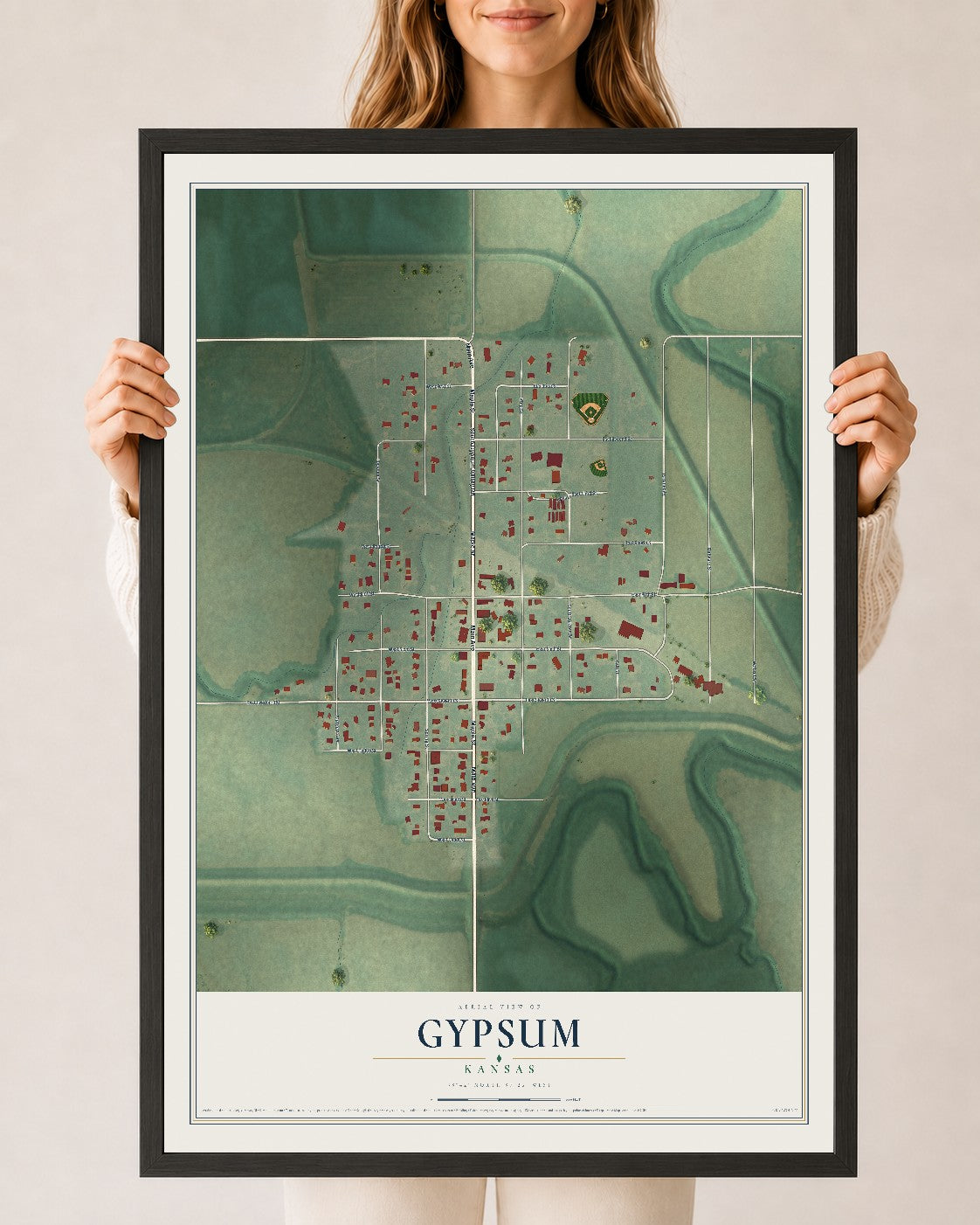 Map of Gypsum, Kansas, 24 x 36 inch print in a black wood frame