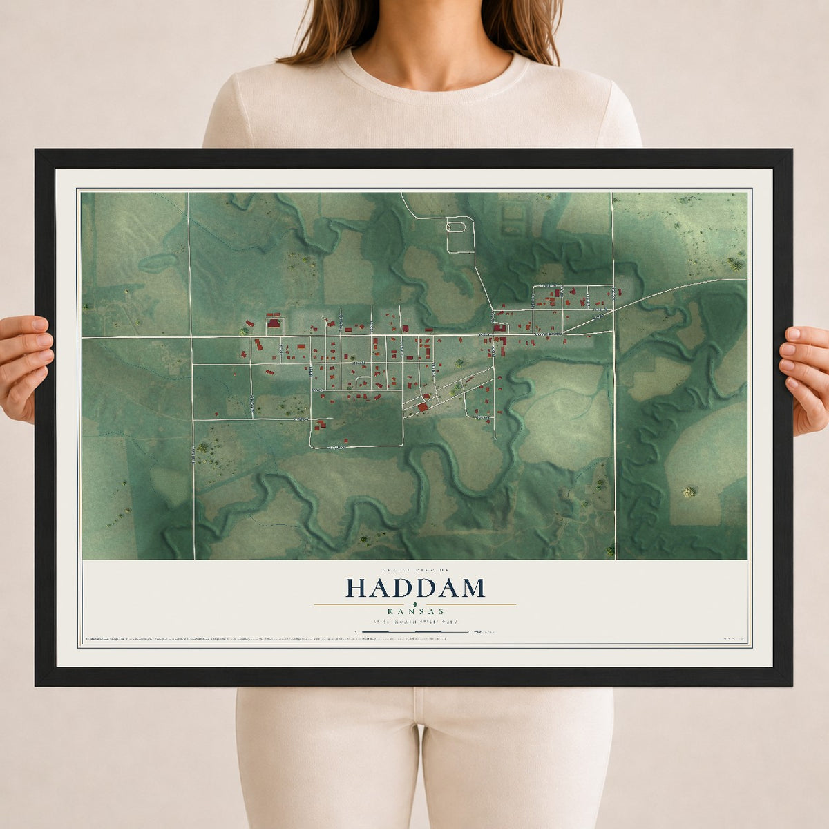 Map of Haddam, Kansas, 18 x 24 inch print in a black wood frame