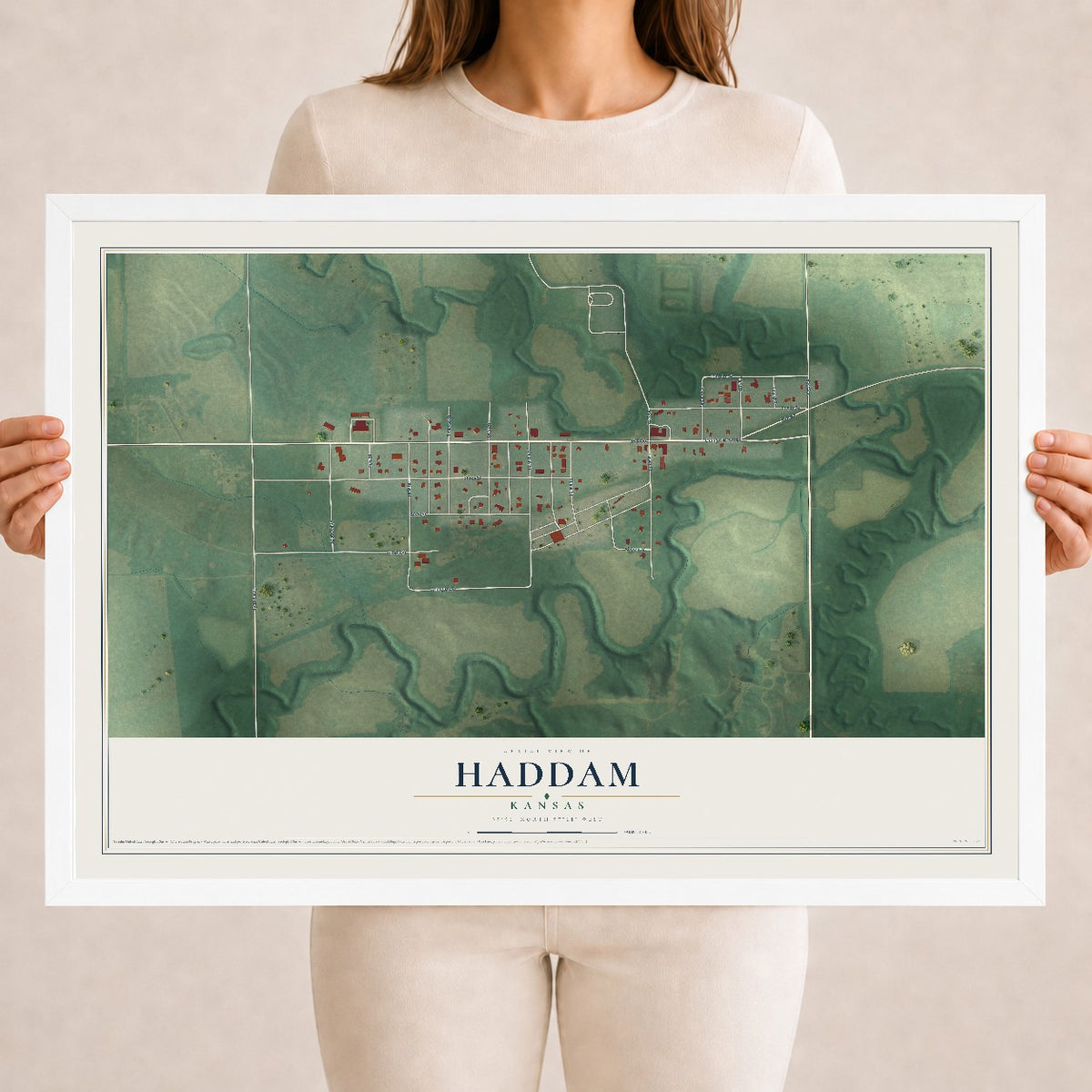 Map of Haddam, Kansas, 18 x 24 inch print in a white wood frame