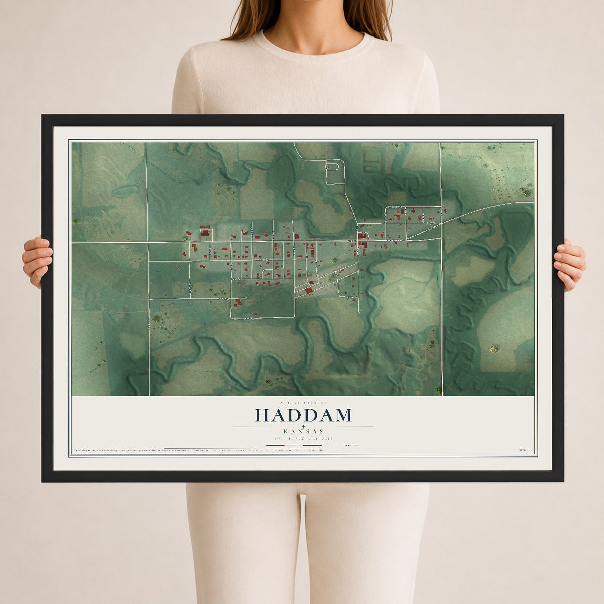 Map of Haddam, Kansas, 24 x 36 inch print in a black wood frame