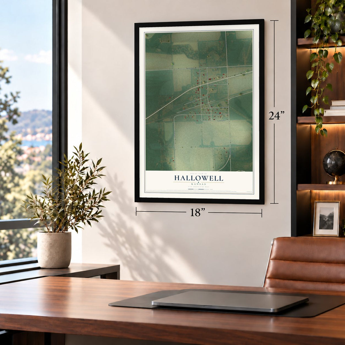 Hallowell, Kansas map, 18 x 24 inch print in a black frame in a home office