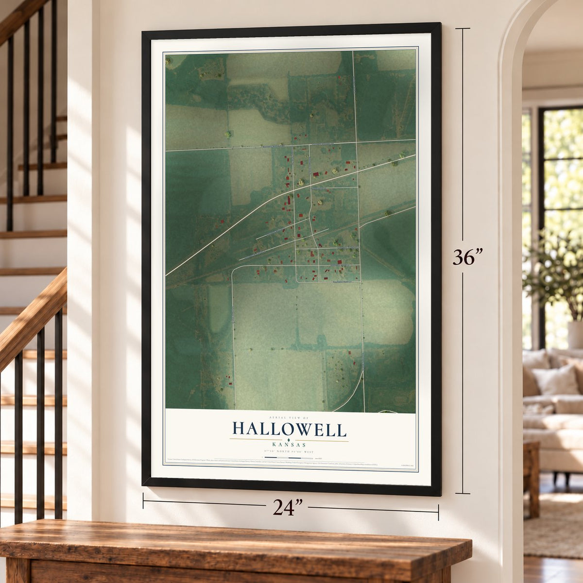 Hallowell, Kansas map, 24 x 36 inch print in a black frame by a staircase