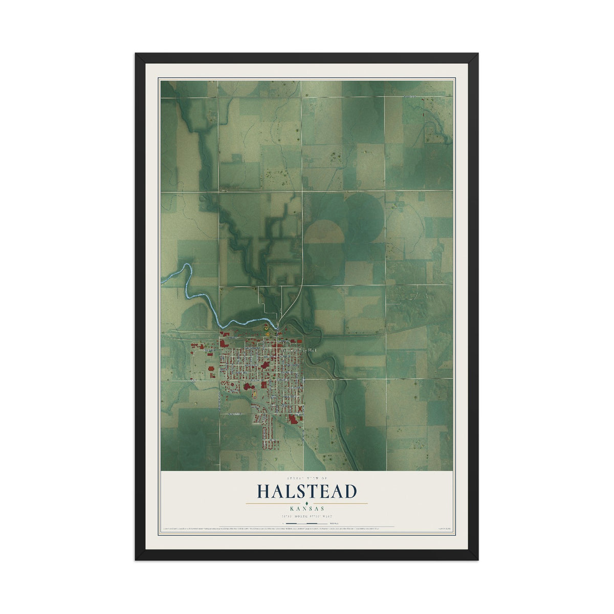 Map of Halstead, Kansas, 12 x 18 inch print in a black wood frame