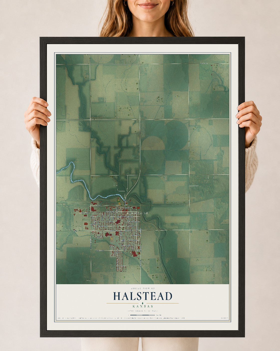 Map of Halstead, Kansas, 24 x 36 inch print in a black wood frame