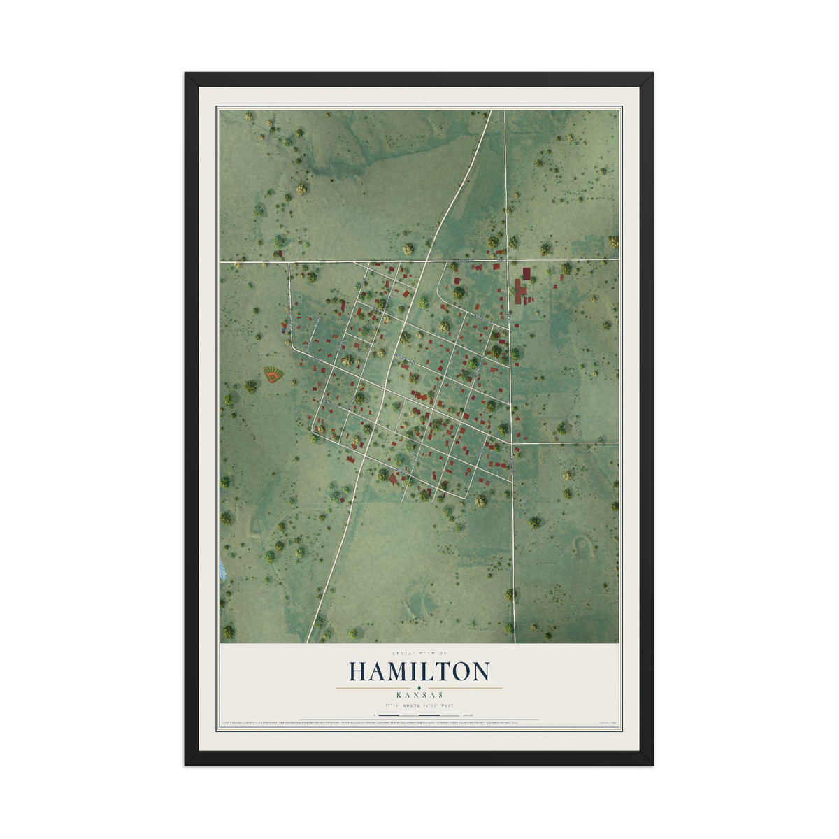 Map of Hamilton, Kansas, 12 x 18 inch print in a black wood frame
