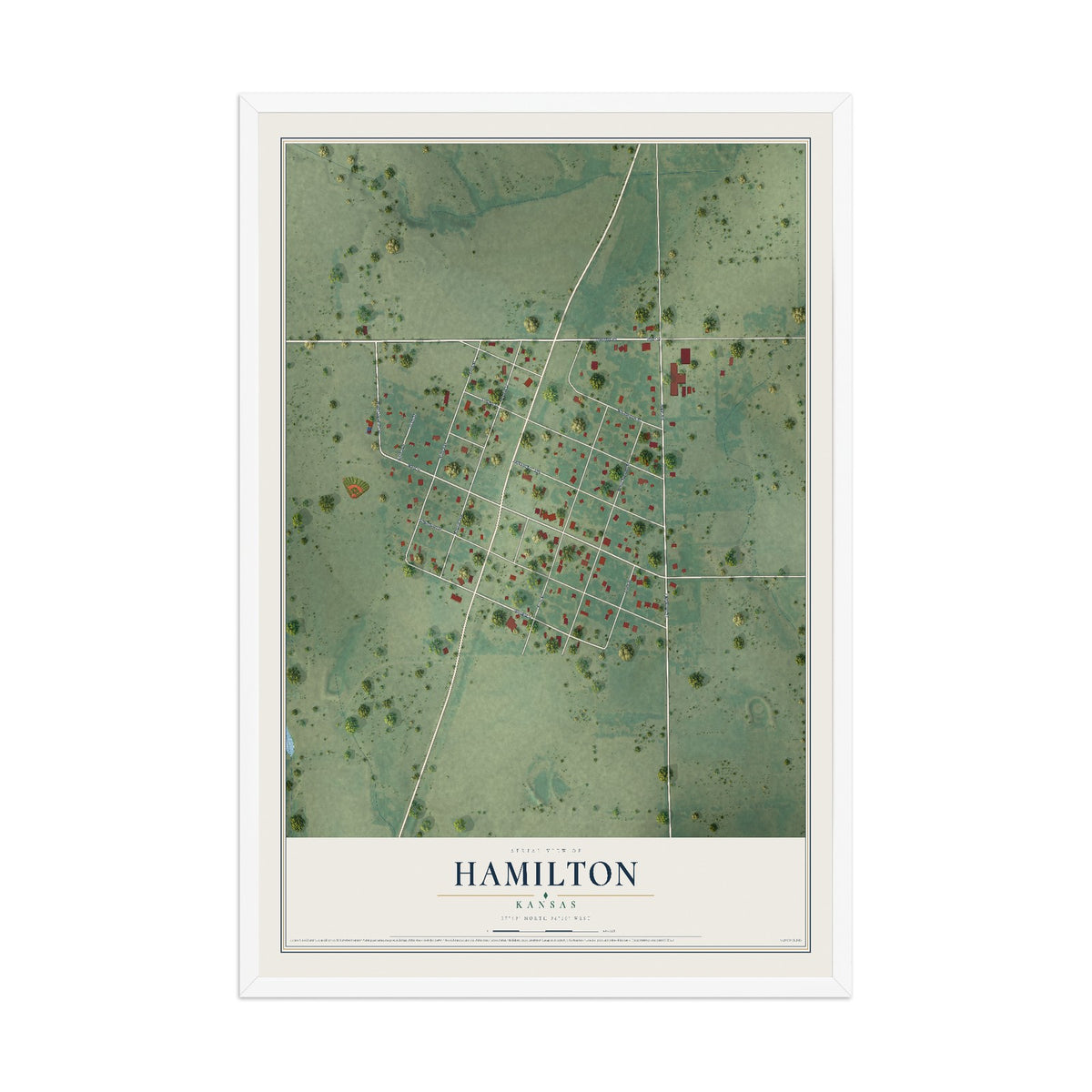 Map of Hamilton, Kansas, 12 x 18 inch print in a white wood frame