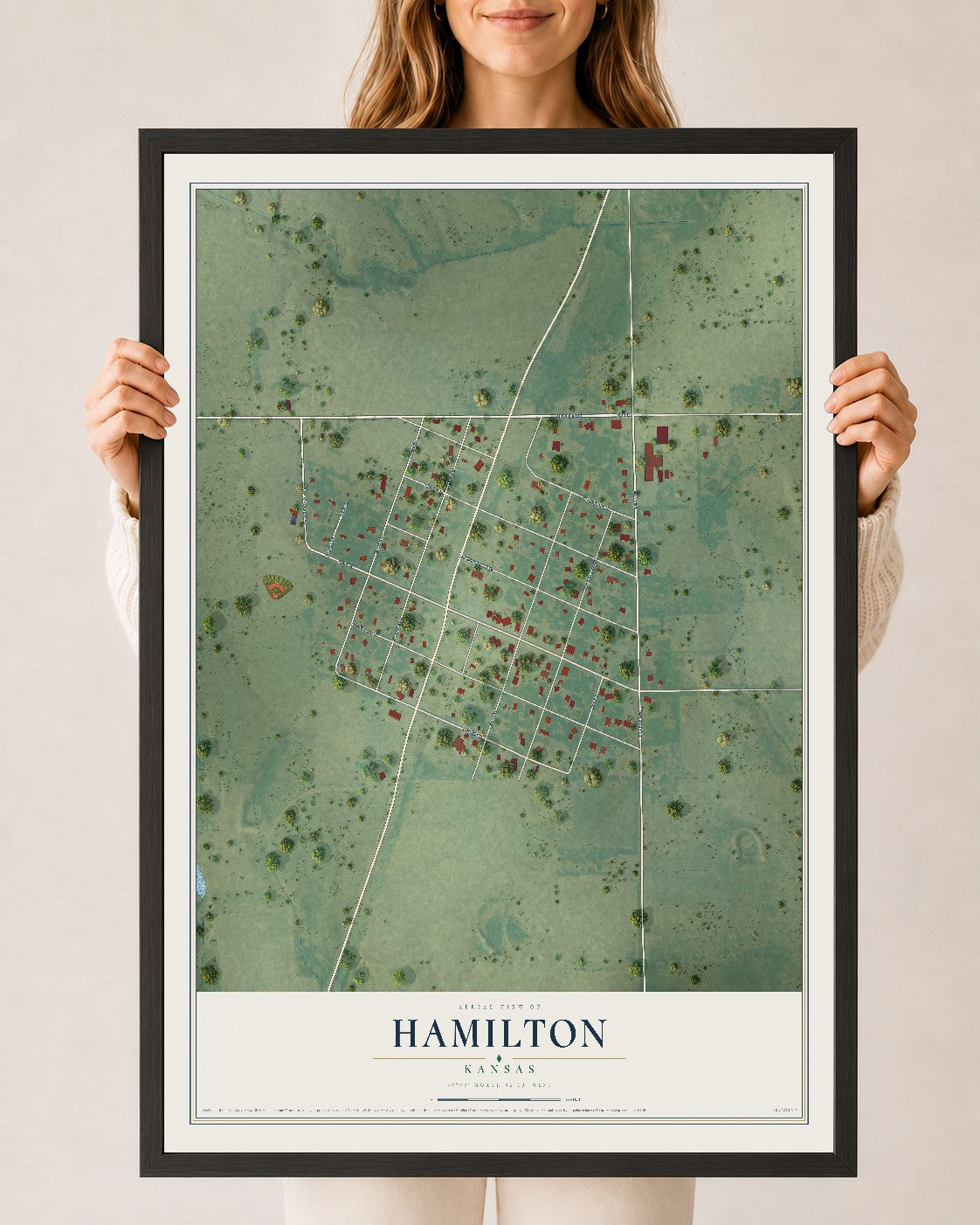 Map of Hamilton, Kansas, 24 x 36 inch print in a black wood frame