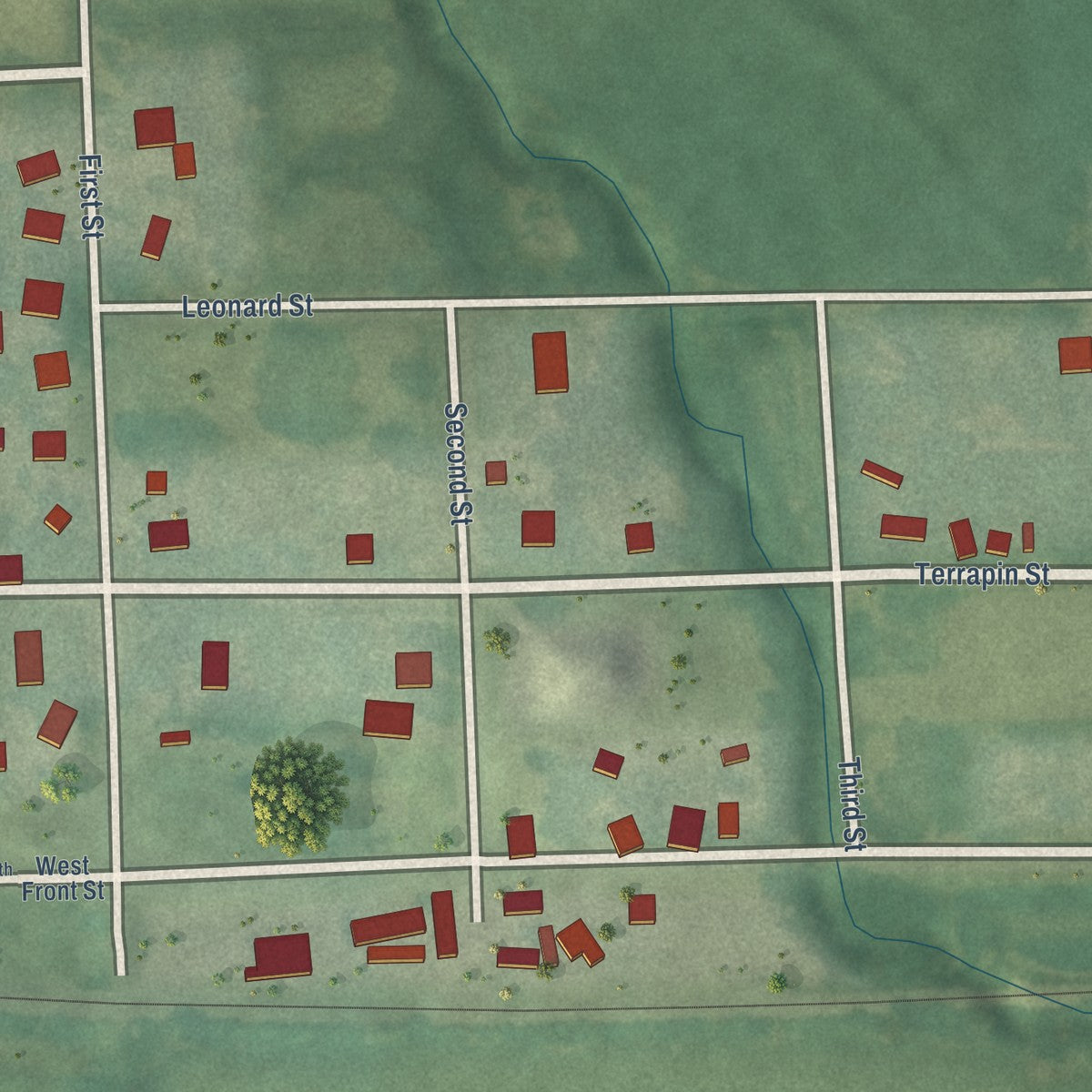 Close-up of the map of Hamlin, Kansas print showing street and building detail
