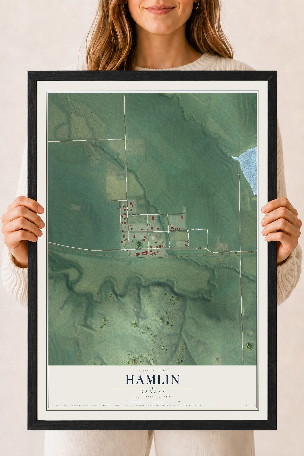Map of Hamlin, Kansas, 18 x 24 inch print in a black wood frame