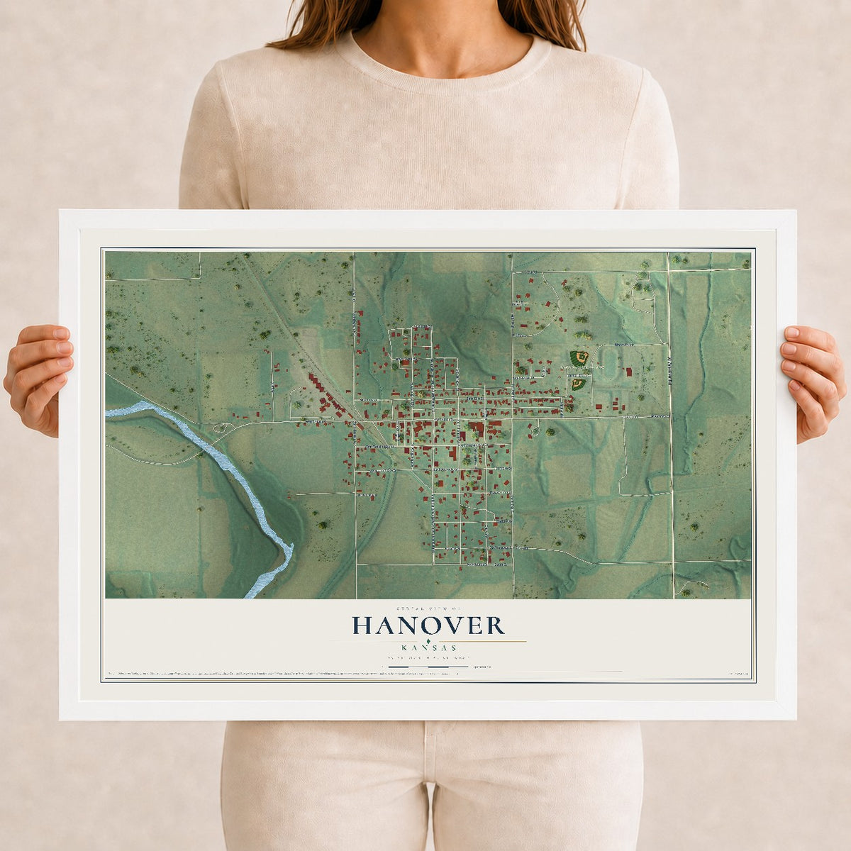 Map of Hanover, Kansas, 12 x 18 inch print in a white wood frame