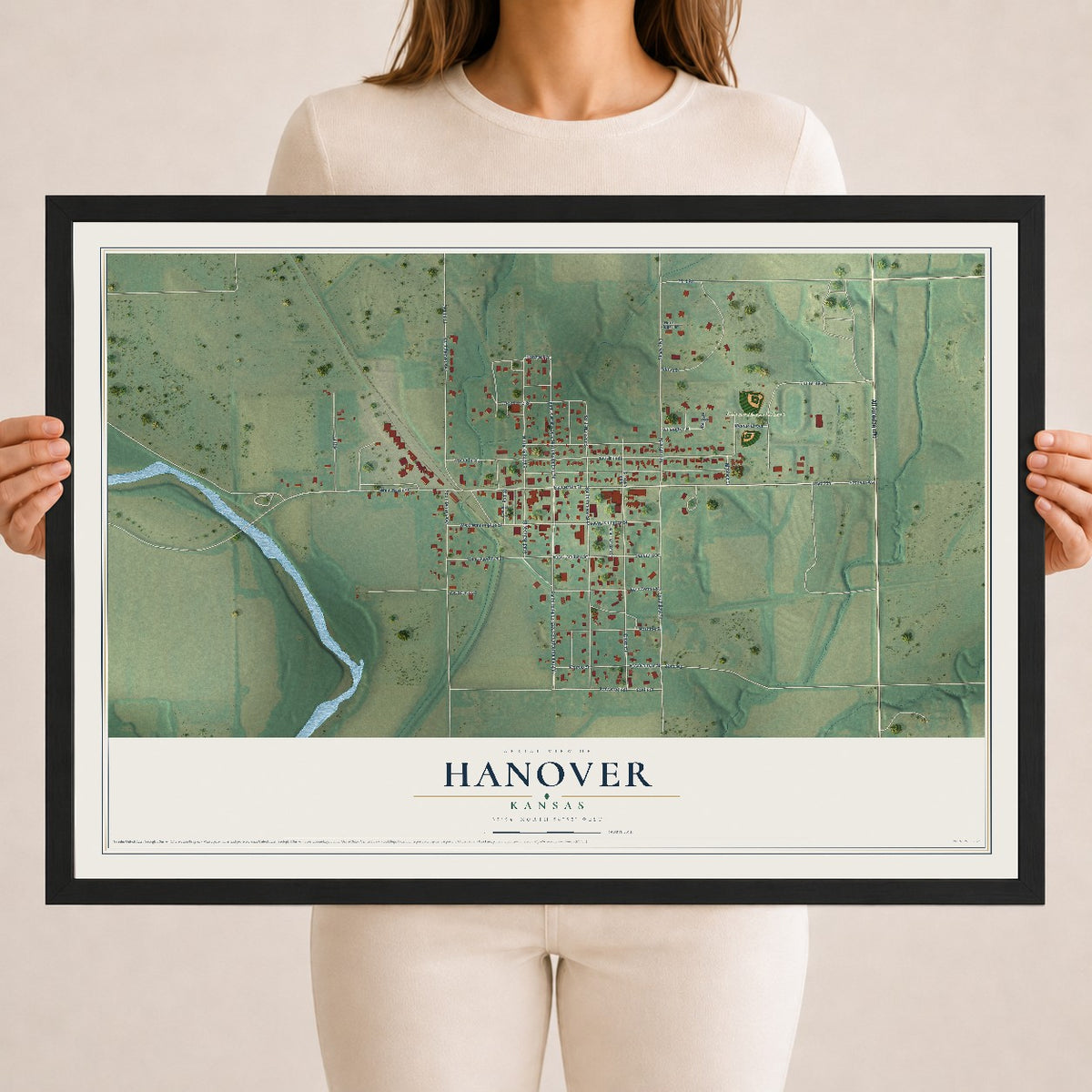 Map of Hanover, Kansas, 18 x 24 inch print in a black wood frame