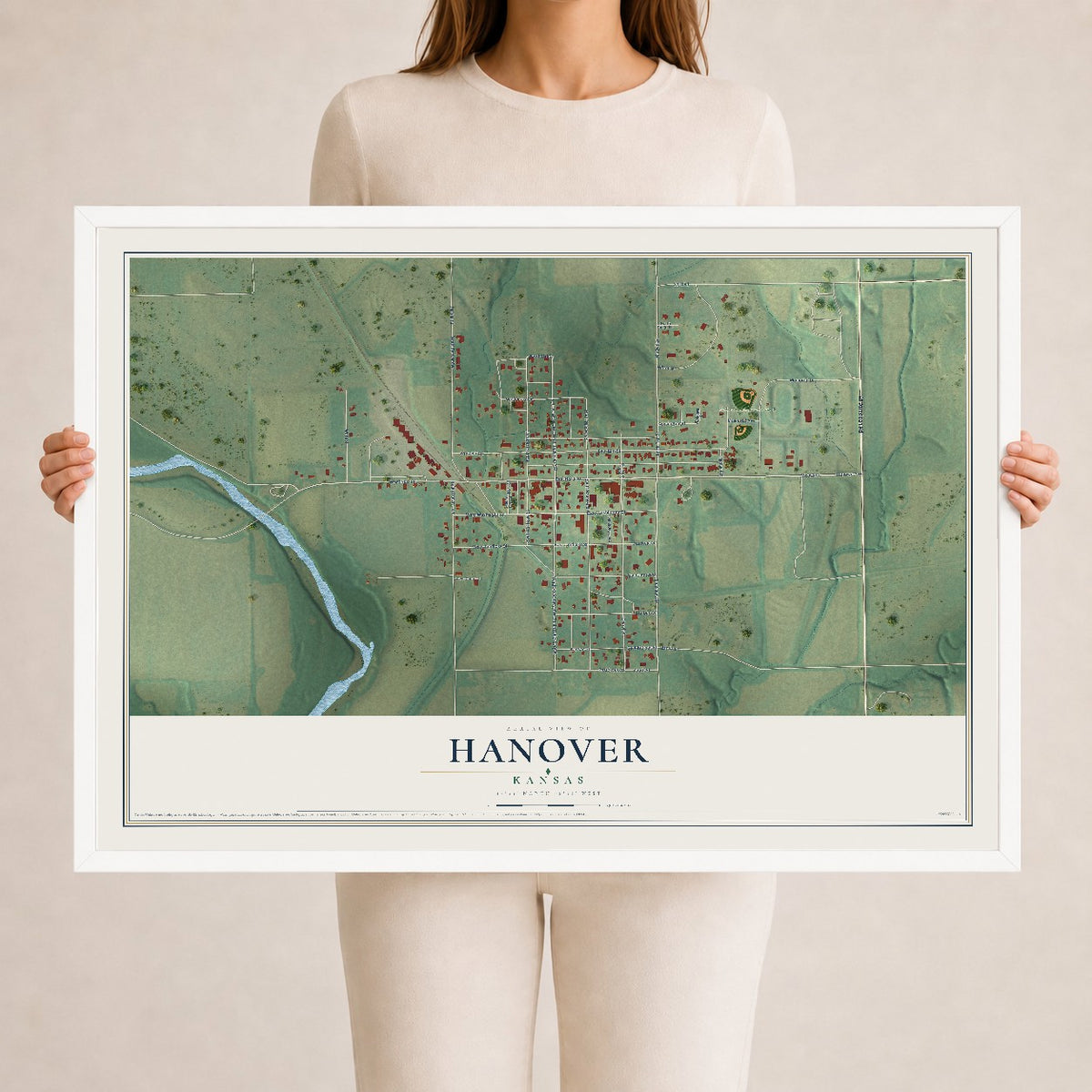 Map of Hanover, Kansas, 24 x 36 inch print in a white wood frame