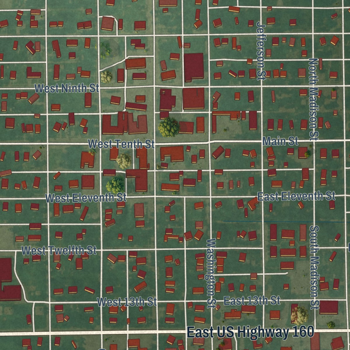 Close-up of the map of Harper, Kansas print showing street and building detail
