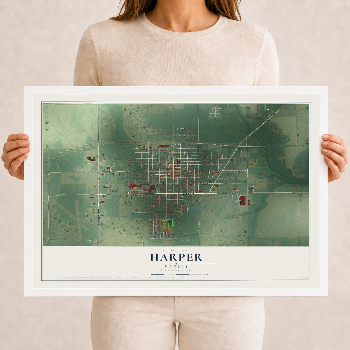 Map of Harper, Kansas, 12 x 18 inch print in a white wood frame