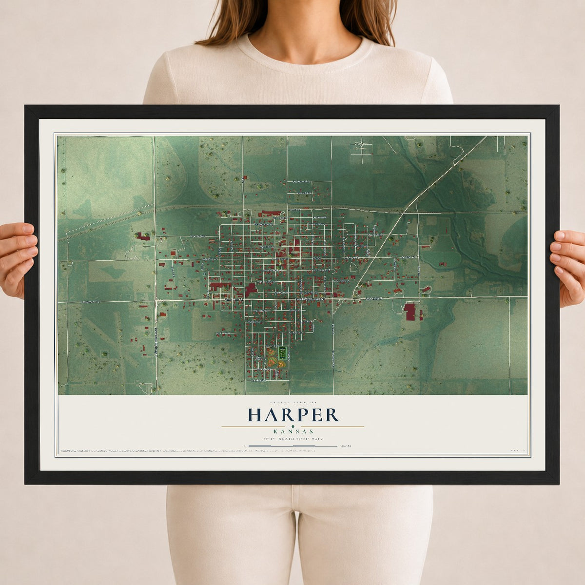 Map of Harper, Kansas, 18 x 24 inch print in a black wood frame
