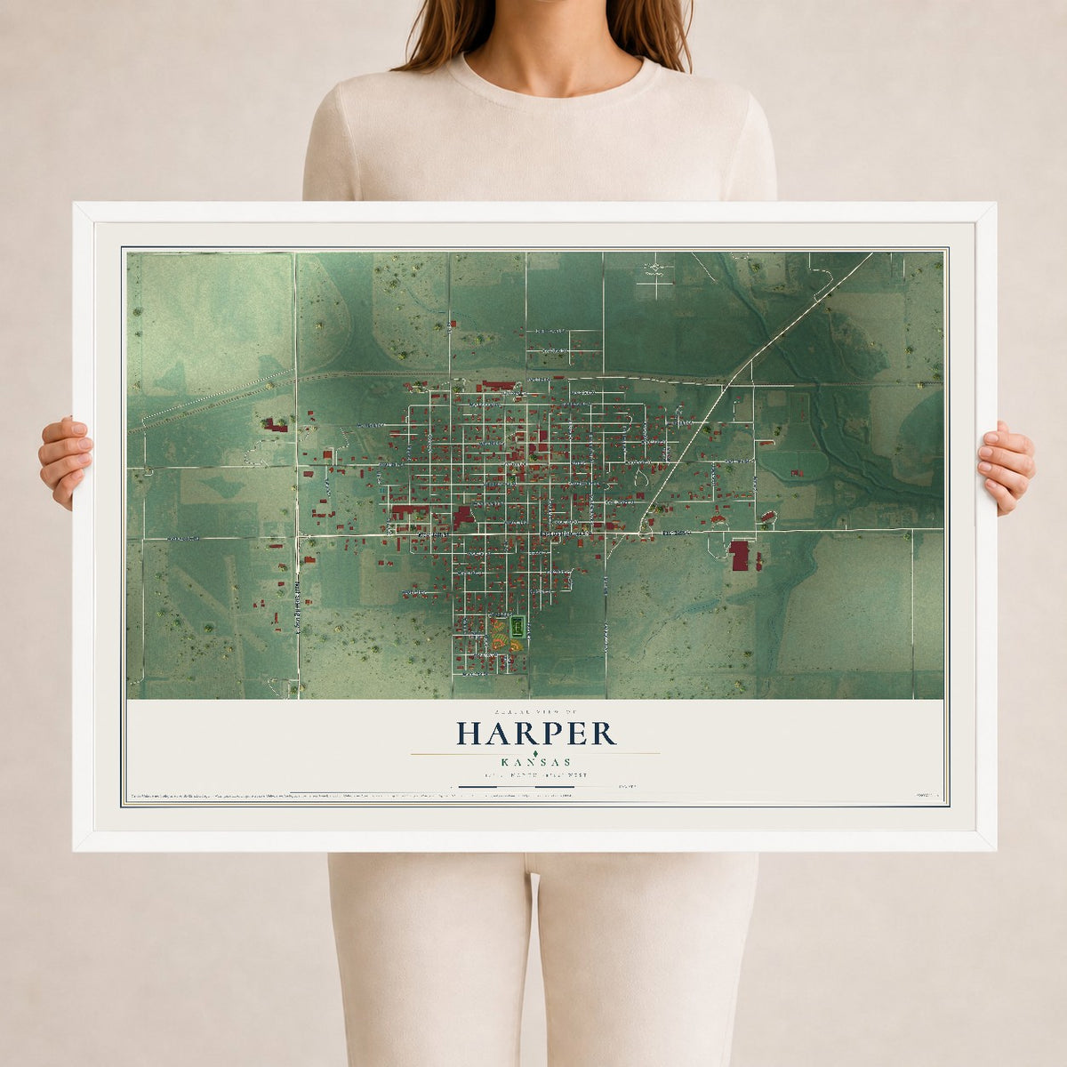 Map of Harper, Kansas, 24 x 36 inch print in a white wood frame
