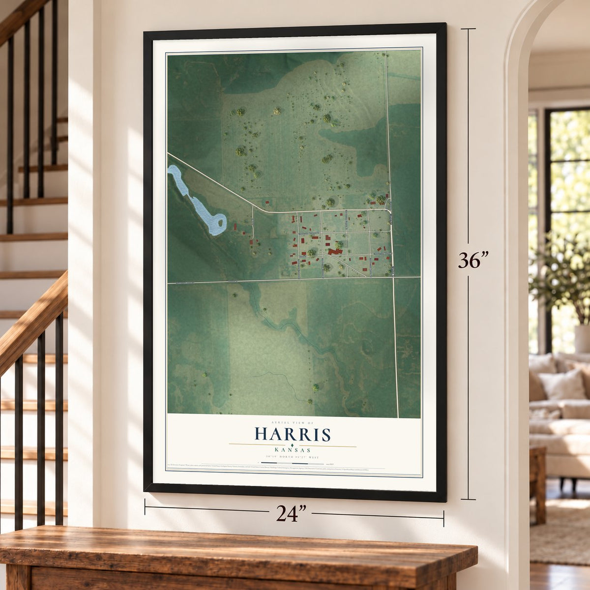 Harris, Kansas map, 24 x 36 inch print in a black frame by a staircase