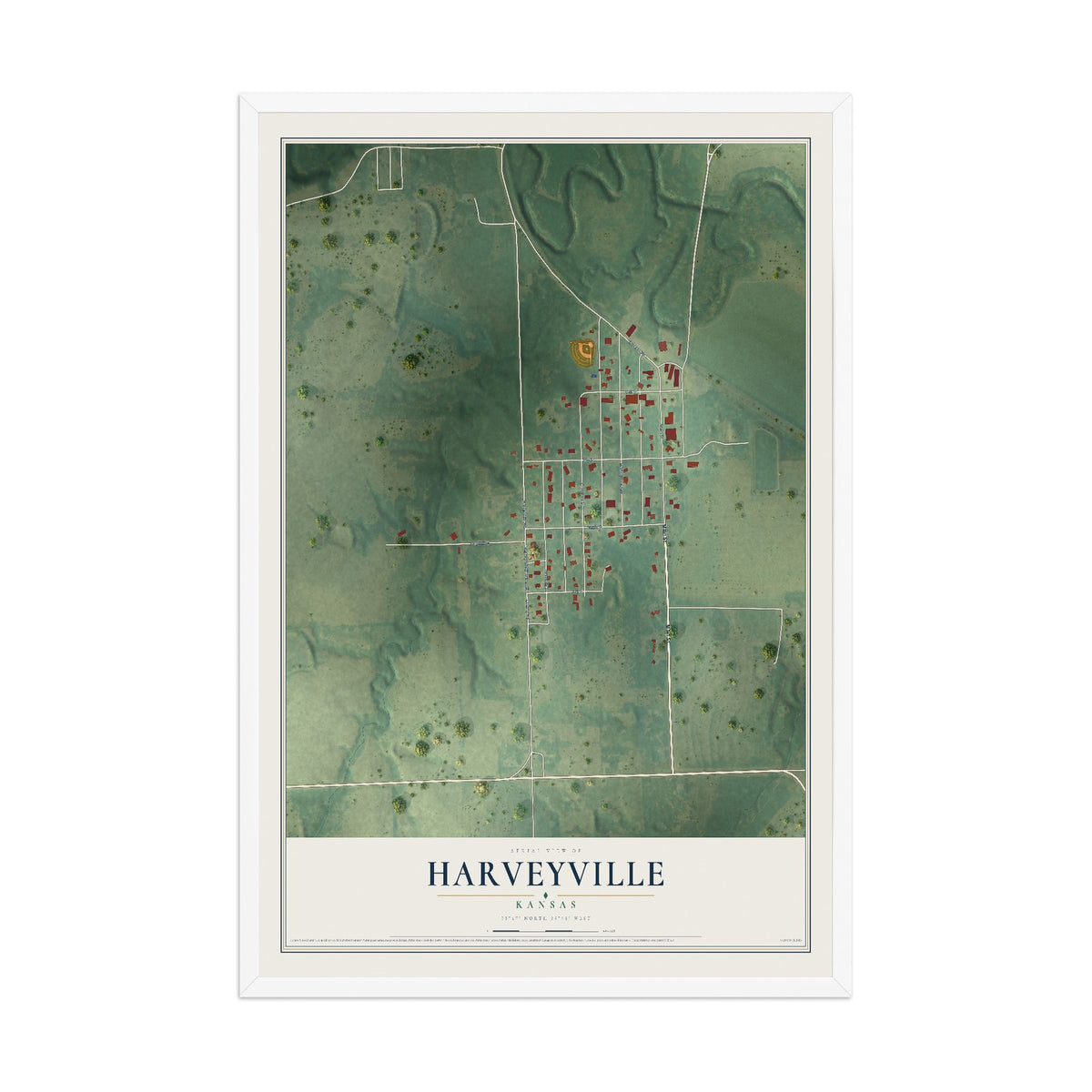 Map of Harveyville, Kansas, 12 x 18 inch print in a white wood frame