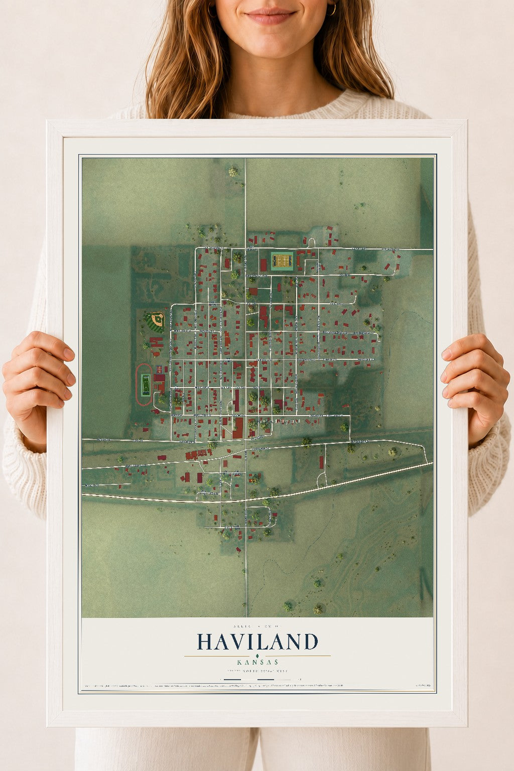 Map of Haviland, Kansas, 18 x 24 inch print in a white wood frame