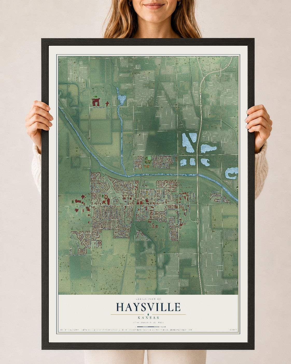 Map of Haysville, Kansas, 24 x 36 inch print in a black wood frame