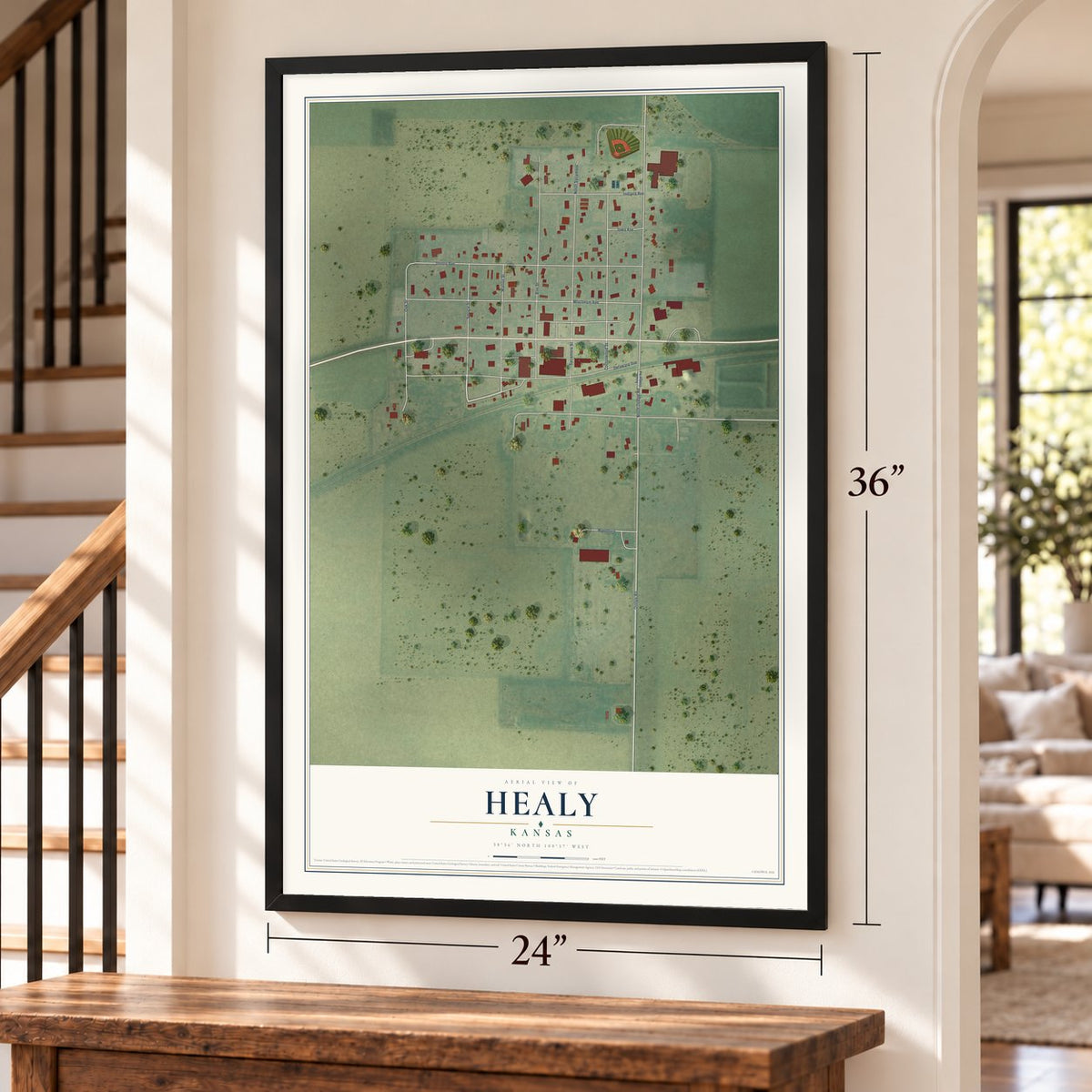Healy, Kansas map, 24 x 36 inch print in a black frame by a staircase