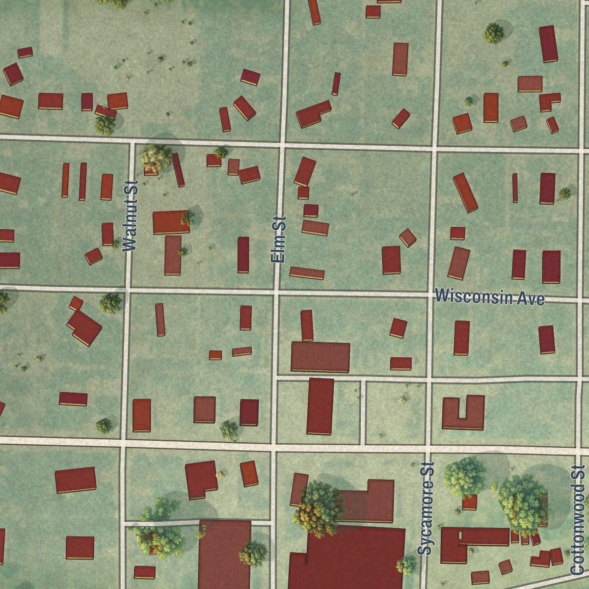 Close-up of the map of Healy, Kansas print showing street and building detail
