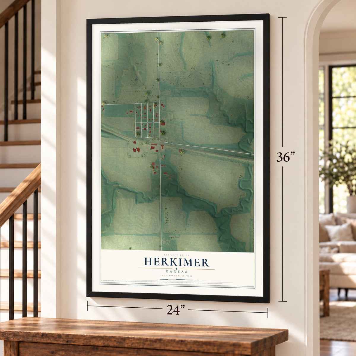 Herkimer, Kansas map, 24 x 36 inch print in a black frame by a staircase