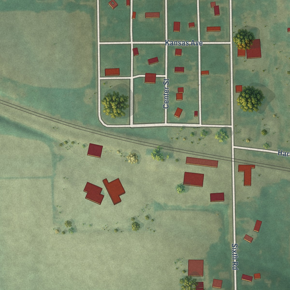 Close-up of the map of Herkimer, Kansas print showing street and building detail